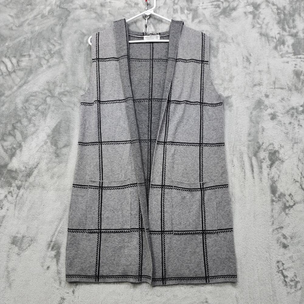 89th + Madison Cardigan Womens M Gray Black Plaid Hooded Open Front‎ Sleeveless